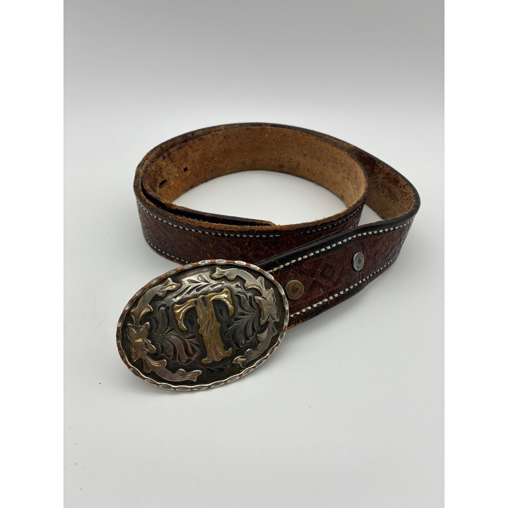 Vintage Western Leather Belt Initial T Trophy Buckle Brown Embossed Cowboy 36